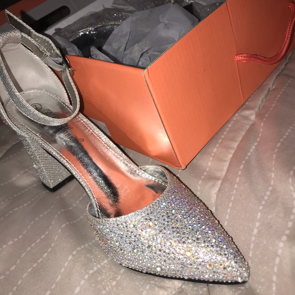 silver rhinestone block heels !😍😍😍😍